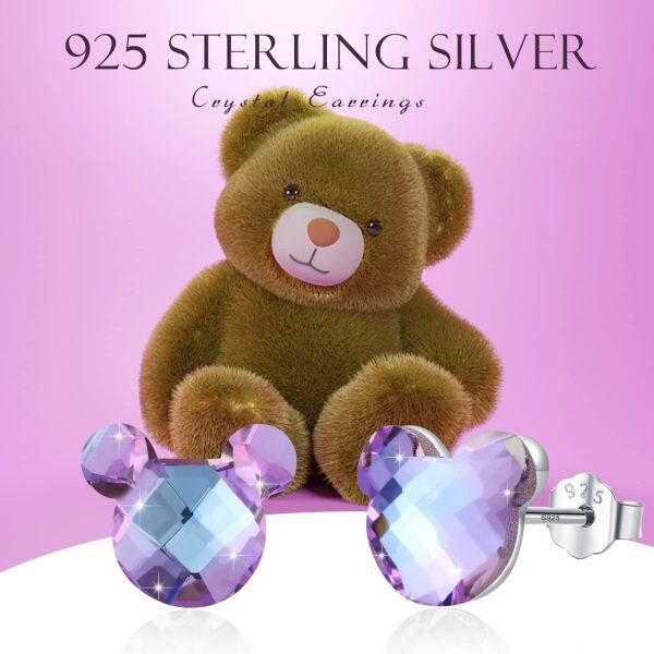 Sterling Silver Bear Mouse Crystal Stud Earrings-4