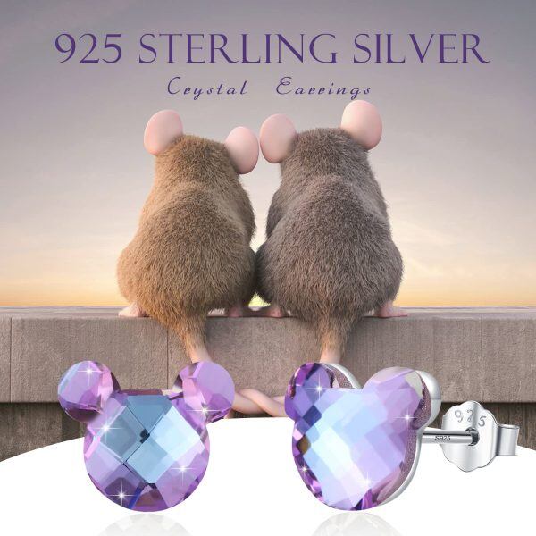 Sterling Silver Bear Mouse Crystal Stud Earrings-6