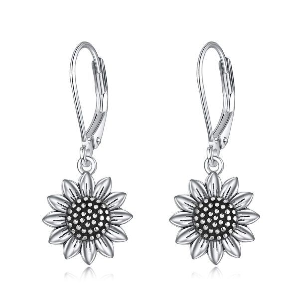 Sterling Silver Sunflower Leverback Dangle Earrings -0