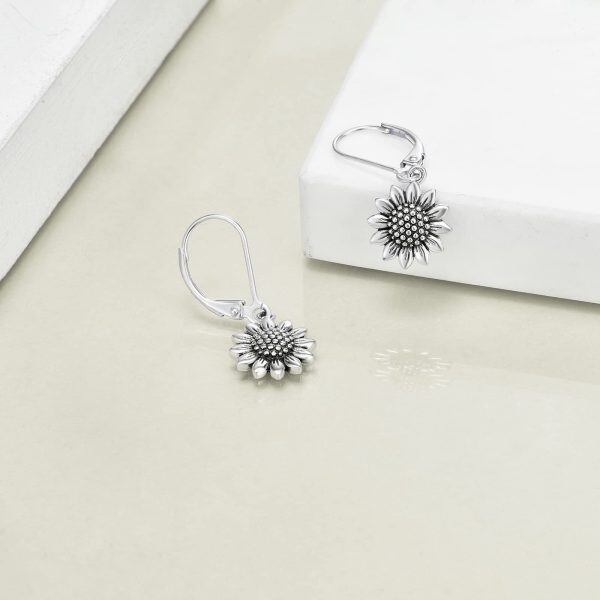 Sterling Silver Sunflower Leverback Dangle Earrings -4