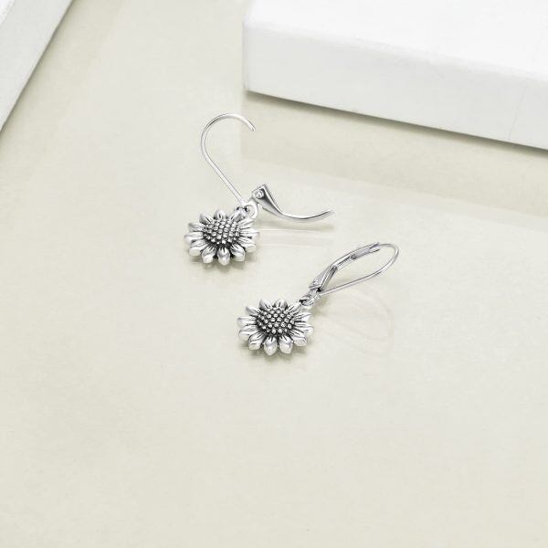 Sterling Silver Sunflower Leverback Dangle Earrings -5