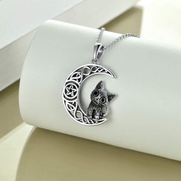 Sterling Silver Celtic Moon Cat Necklace-3