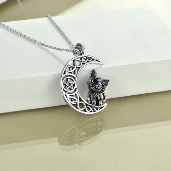 Sterling Silver Celtic Moon Cat Necklace-4