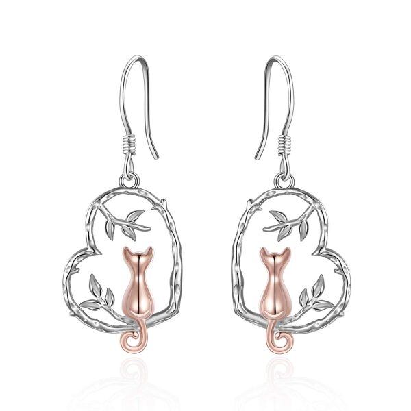 Sterling Silver Cute Animal Cat Dangle Earrings-0