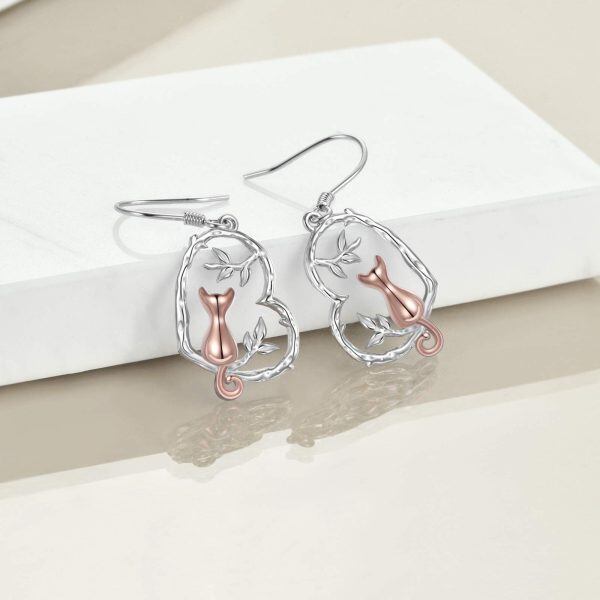 Sterling Silver Cute Animal Cat Dangle Earrings-1