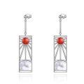 wholesale 925 Sterling Silver Mother of Pearl & Red Coral Sunburst Dangle Earrings for Women - Hypoallergenic s-0-0