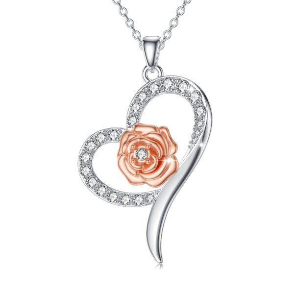 Sterling Silver Heart Flower Necklace-0