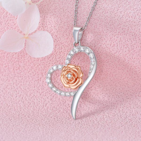 Sterling Silver Heart Flower Necklace-3