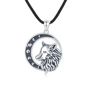 Sterling Silver Crescent Moon Phase Wolf Pendant Necklace-0