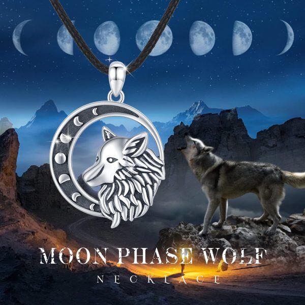 Sterling Silver Crescent Moon Phase Wolf Pendant Necklace-2