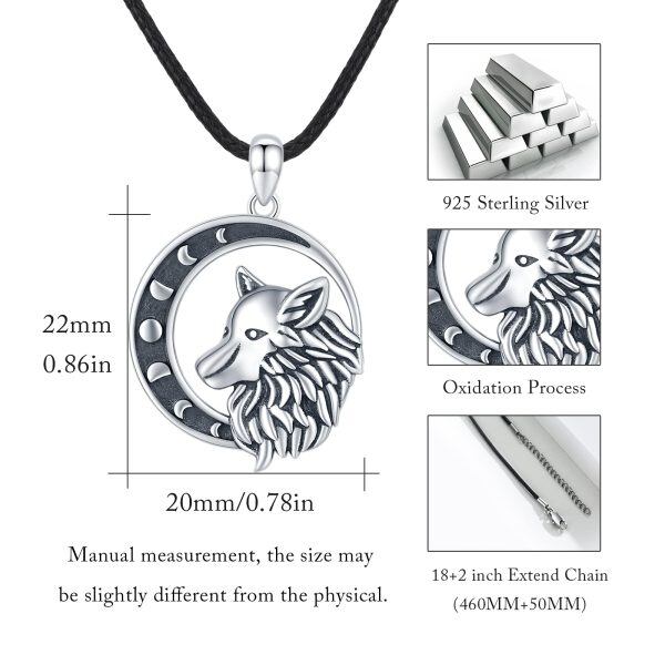 Sterling Silver Crescent Moon Phase Wolf Pendant Necklace-3