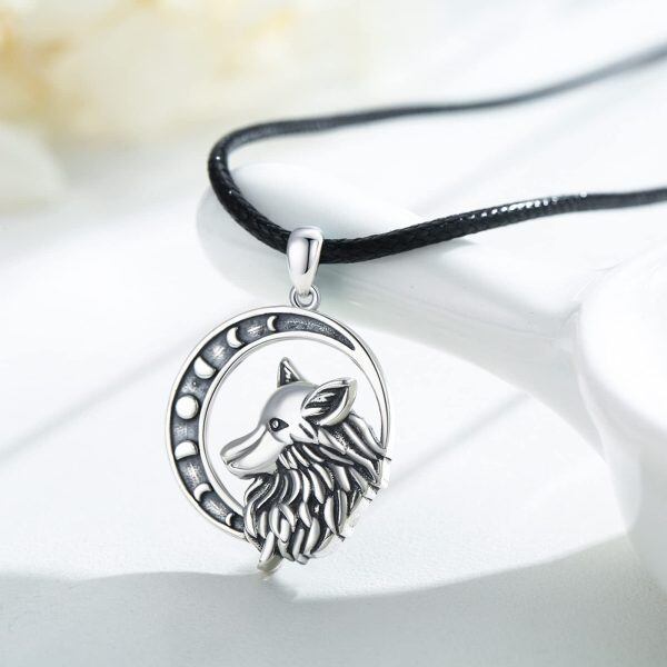 Sterling Silver Crescent Moon Phase Wolf Pendant Necklace-4