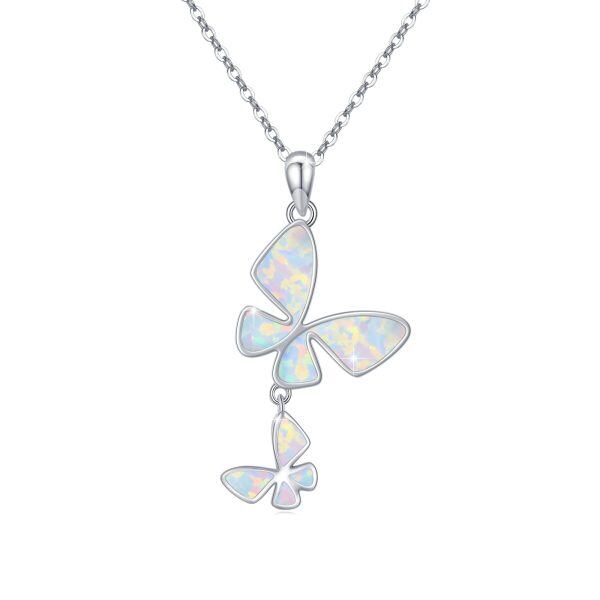 Sterling Silver Opal Butterfly Pendant Necklace-0