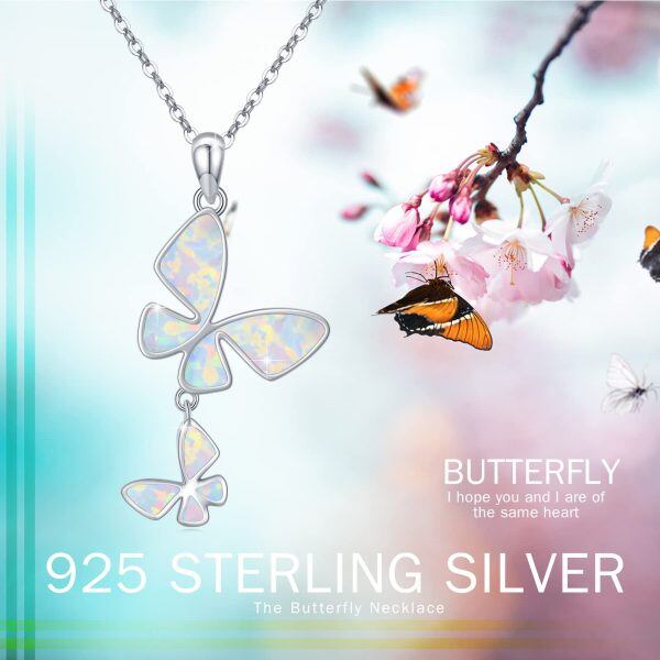 Sterling Silver Opal Butterfly Pendant Necklace-4