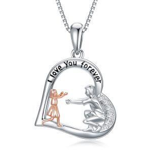 Sterling Silver Father Daughter Heart Pendant Necklace-0