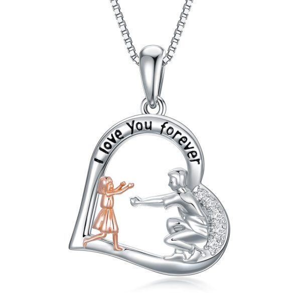 Sterling Silver Father Daughter Heart Pendant Necklace-0