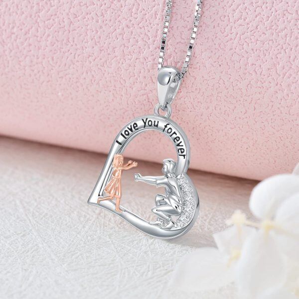 Sterling Silver Father Daughter Heart Pendant Necklace-3