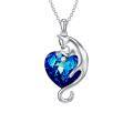 wholesale 925 Sterling Silver Blue Crystal Cat Heart Pendant Necklace for Women-0-0