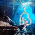 wholesale 925 Sterling Silver Heart-Shaped Mother & Daughter Mermaid Pendant Necklace with Pink Stone for Women-0-5