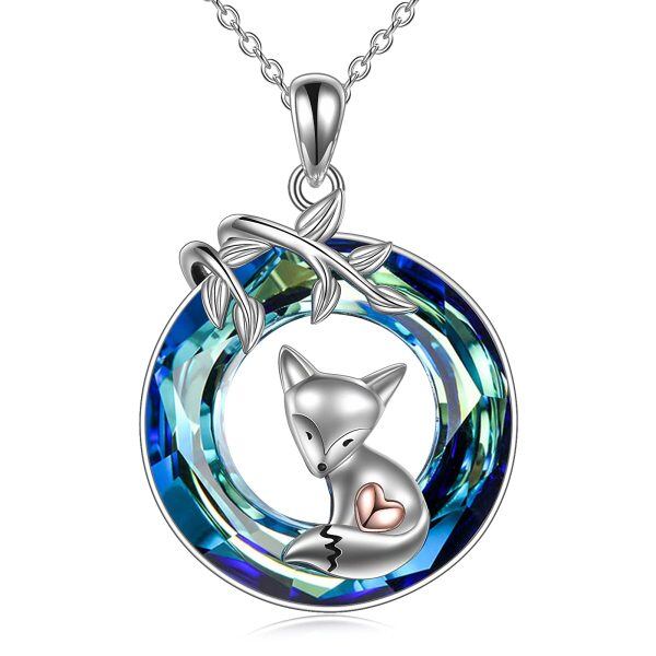 Sterling Silver Fox wit Circle Blue Crystal Necklace-0