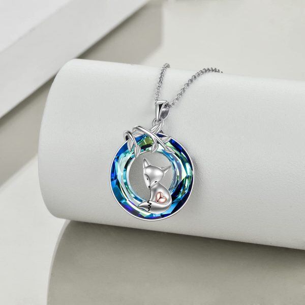 Sterling Silver Fox wit Circle Blue Crystal Necklace-3