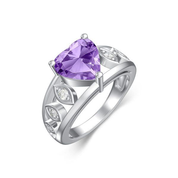 Sterling Silver Heart Shaped Natural Purple Amethyst Ring -0