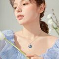 wholesale 925 Sterling Silver Blue Enamel Wave Mermaid Pearl Pendant Necklace for Women-0-5