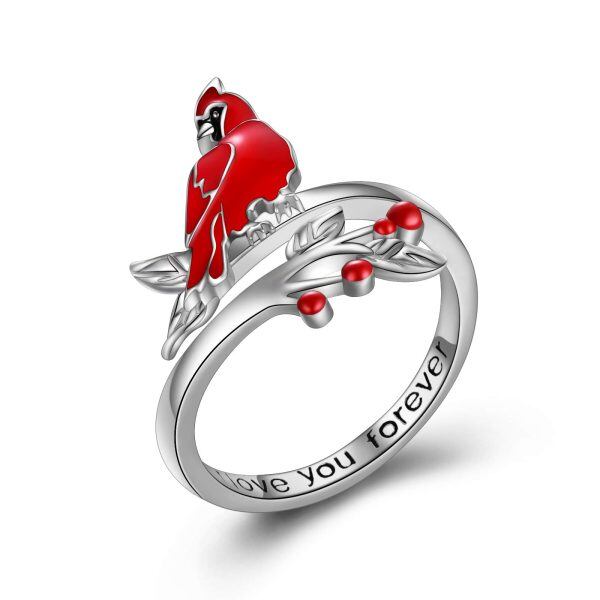 Sterling Silver Red Cardinal Adjustable Rings -0