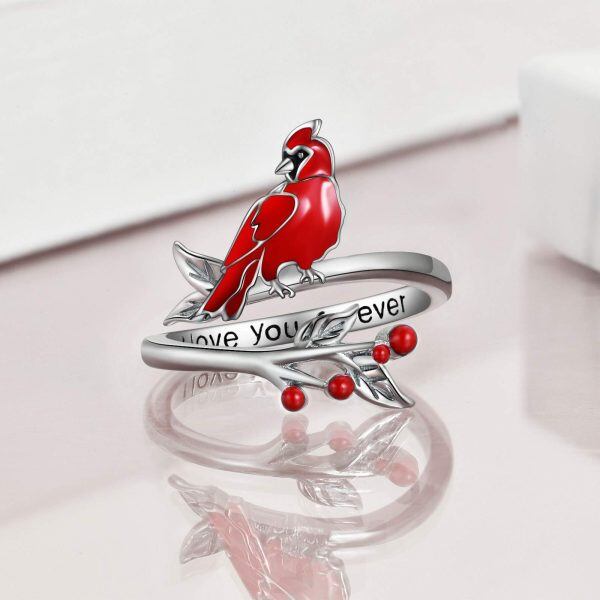 Sterling Silver Red Cardinal Adjustable Rings -4