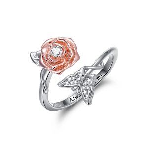 Sterling Silver Rose Butterfly Rings-0