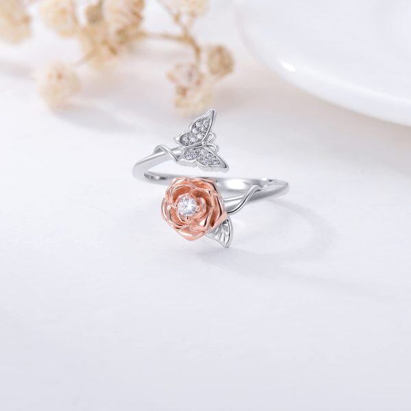 Sterling Silver Rose Butterfly Rings-2