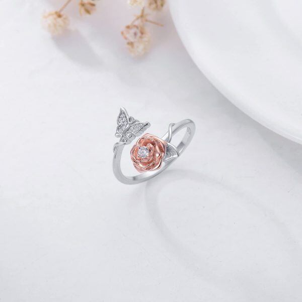 Sterling Silver Rose Butterfly Rings-3