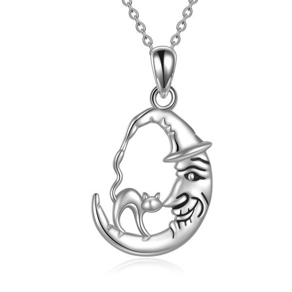 Sterling Silver Cat on Moon Pendant Necklace-0