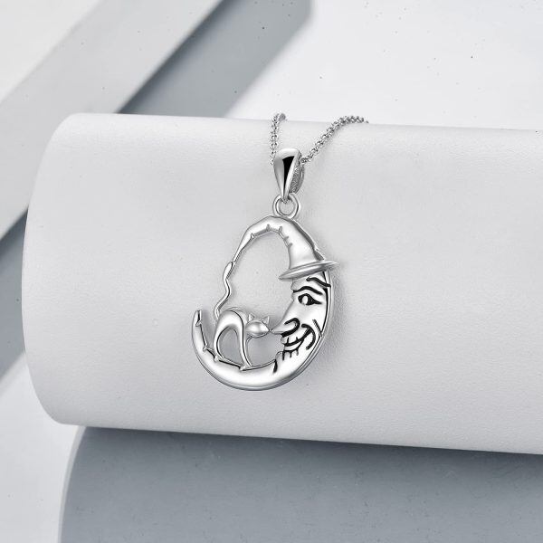 Sterling Silver Cat on Moon Pendant Necklace-2