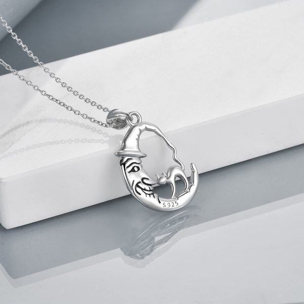 Sterling Silver Cat on Moon Pendant Necklace-3