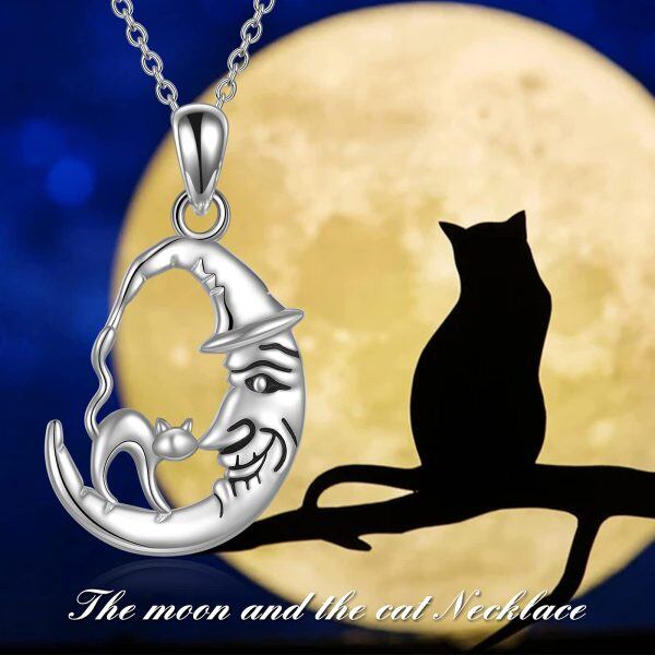 Sterling Silver Cat on Moon Pendant Necklace-4