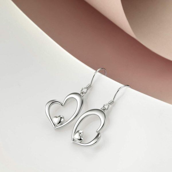 Sterling Silver Heart Dangle Earrings-1