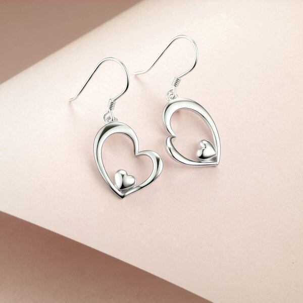 Sterling Silver Heart Dangle Earrings-3