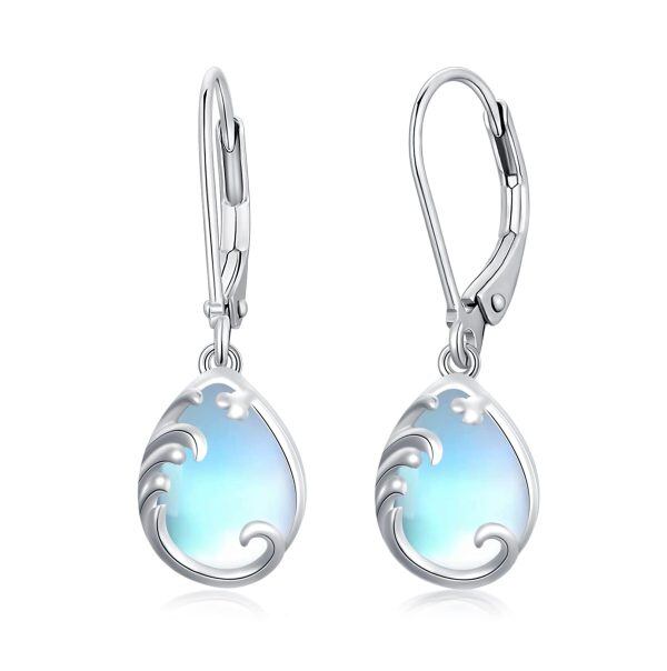 Sterling Silver Moonstone Teardrop Wave Leverback Earrings -0