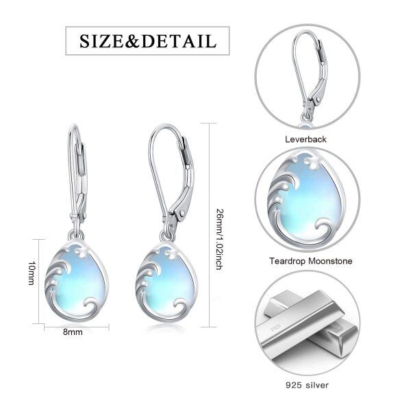 Sterling Silver Moonstone Teardrop Wave Leverback Earrings -1