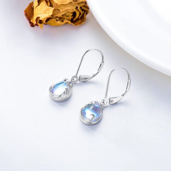 Sterling Silver Moonstone Teardrop Wave Leverback Earrings -5