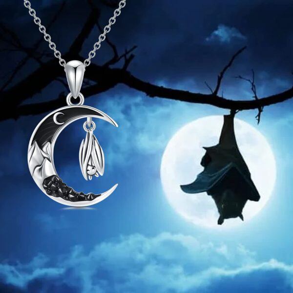 Sterling Silver Crescent Bat Moon Necklace-5