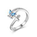 wholesale 925 Sterling Silver Blue Crystal Butterfly Cross Adjustable Ring for Women-0-0