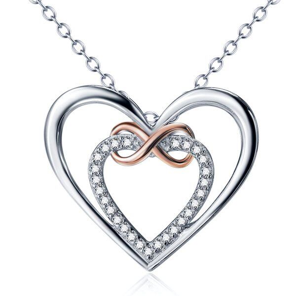 Sterling Sliver Zircon Two Tone Color Infinity Heart Pendant Necklace-0