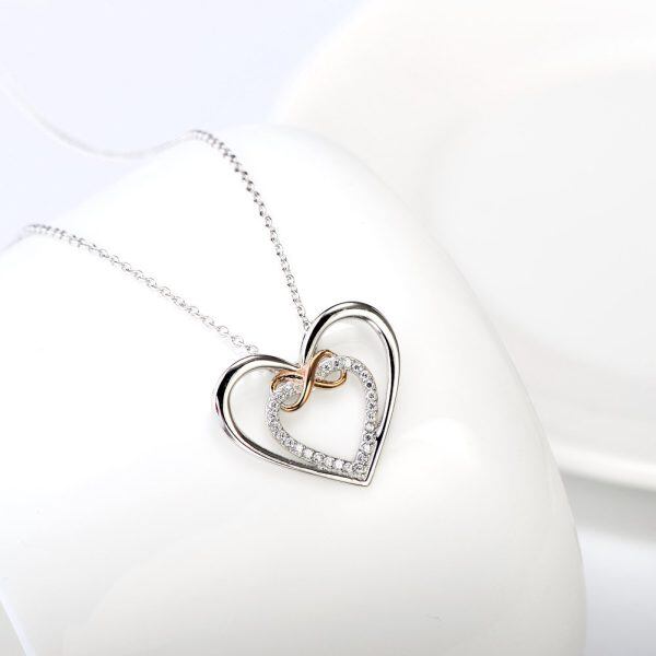 Sterling Sliver Zircon Two Tone Color Infinity Heart Pendant Necklace-2