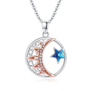 Sterling Silver Crystal Two Tone Color Moon Star Pendent Necklace-0