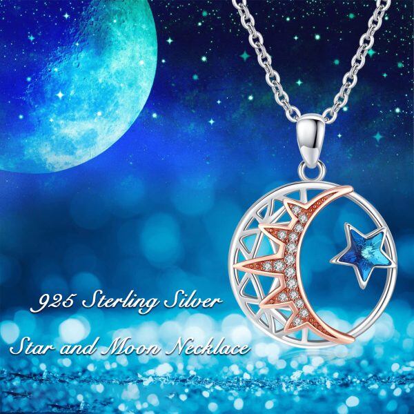 Sterling Silver Crystal Two Tone Color Moon Star Pendent Necklace-4