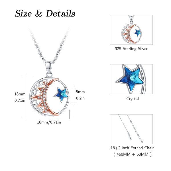 Sterling Silver Crystal Two Tone Color Moon Star Pendent Necklace-5