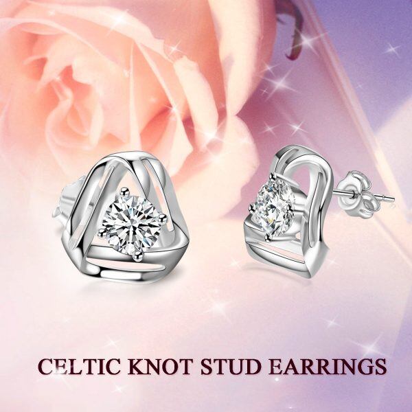 Sterling Silver Cubic Zircon White Gold Plated Celtic Love Knot Stud Earrings -3