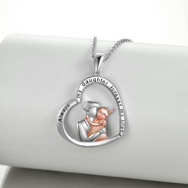 Sterling Silver Two Tone Color Father and Daughter Heart Pendant Necklace-1